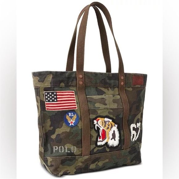 Rare Polo Ralph Lauren Canvas Camo Tote Bag with Patches - Picture 2 of 8